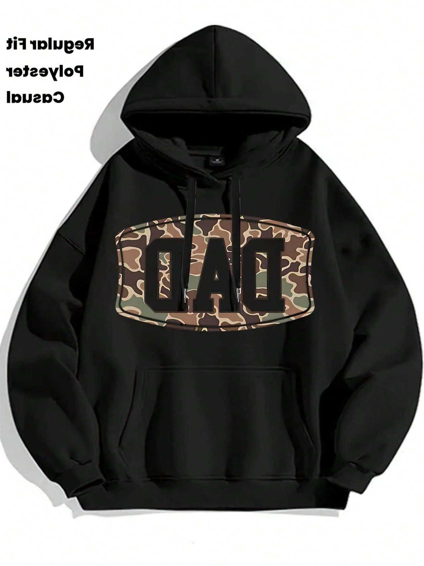 Camo Men Front Print Hoodie DAD Badge Graphic Hooded Sweatshirt Father's Day Casual Loose Pullover Hoodie D260915