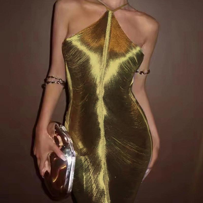 Designer Métallisé Brillant Lady Formelle Femmes Nouvelle Robe Dos Nu À Col Halter Avec Frange Gland Couleur Unie Col En V Sans Manches Midi Part