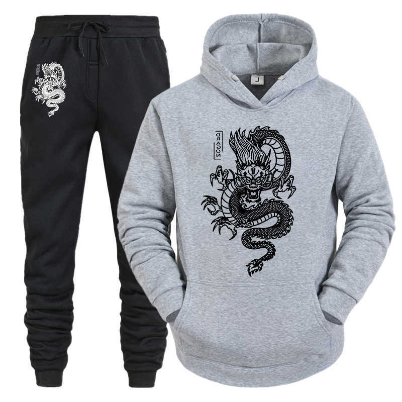 Tracksuit Set Hoodie Pant Men Spring Winter Dragon Print Casual Sweatshirt Sportwear Homme Streetwear Men Clothing D260915
