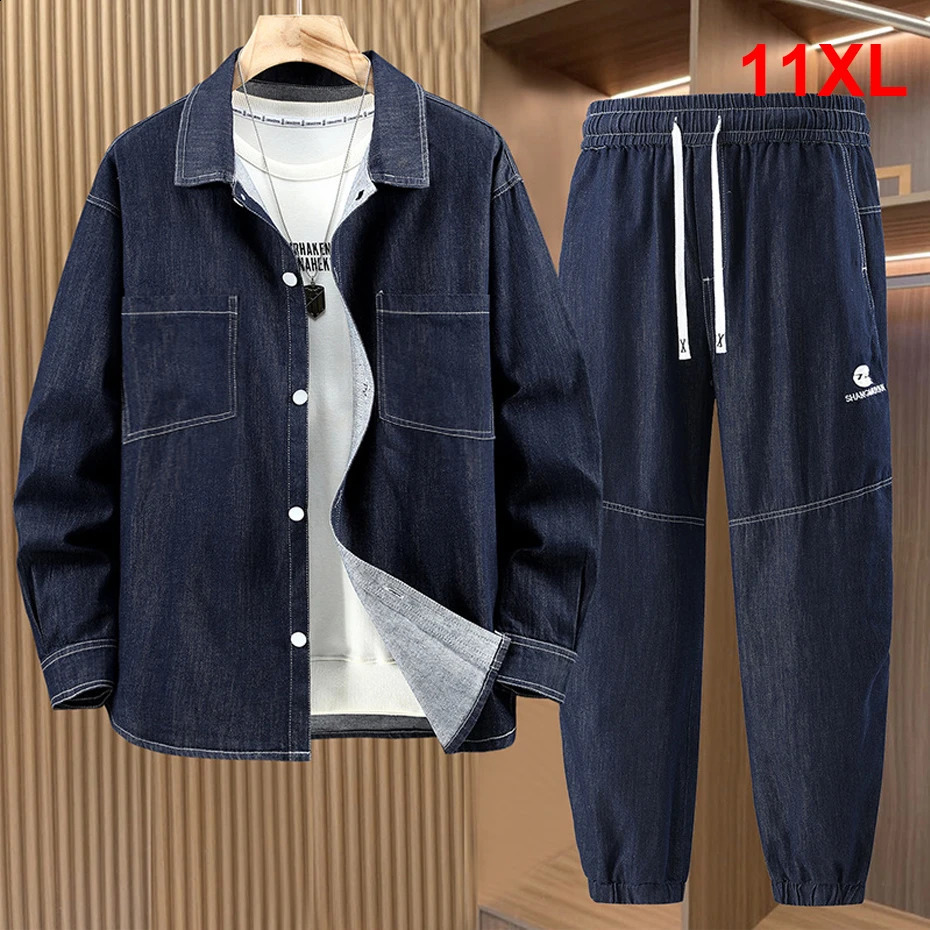 Spring Autumn Denim Suits Men 11XL Plus Size Denim Shirts Pants Fashion Casual Solid Color Suits Male Big Size Sets 260914