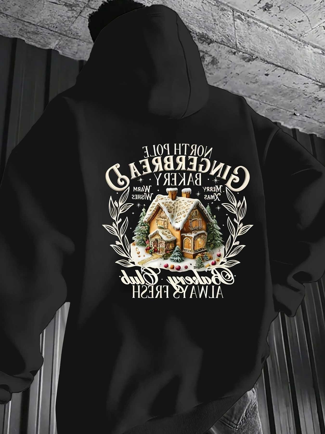 Vintage Graphic Hoodie Unisex Holiday Christmas House Wreath Art Chest Printed Hooded Sweatshirt Casual LooseFit Pullover Tops D260915