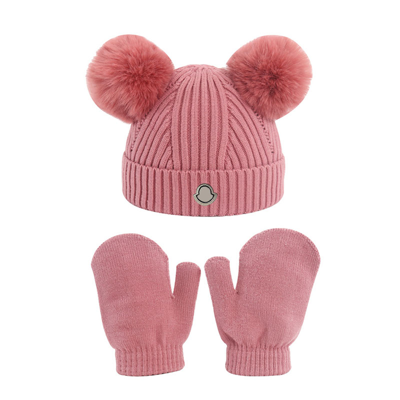 Conjunto de guantes de gorro de punto de invierno para niños pequeños 100% acrílico Doble pompón Gorro para niños Manoplas Diseño lindo de orejas Co