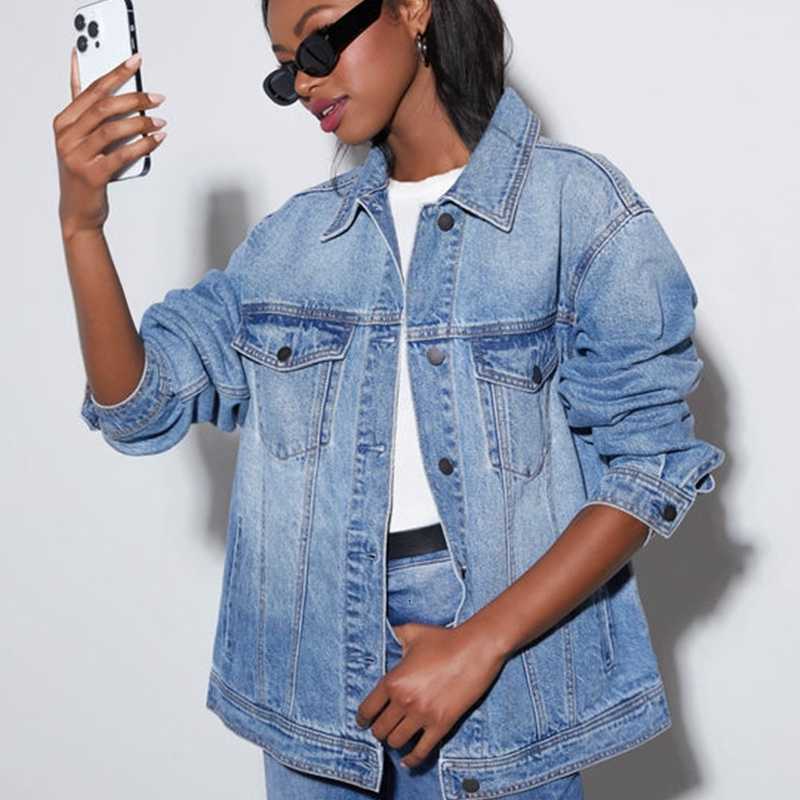 Jacket Denim Strt Women Coats Loose Long Button Blue Black Jean Jackets Female 2025 New Female Top S2609158XFR
