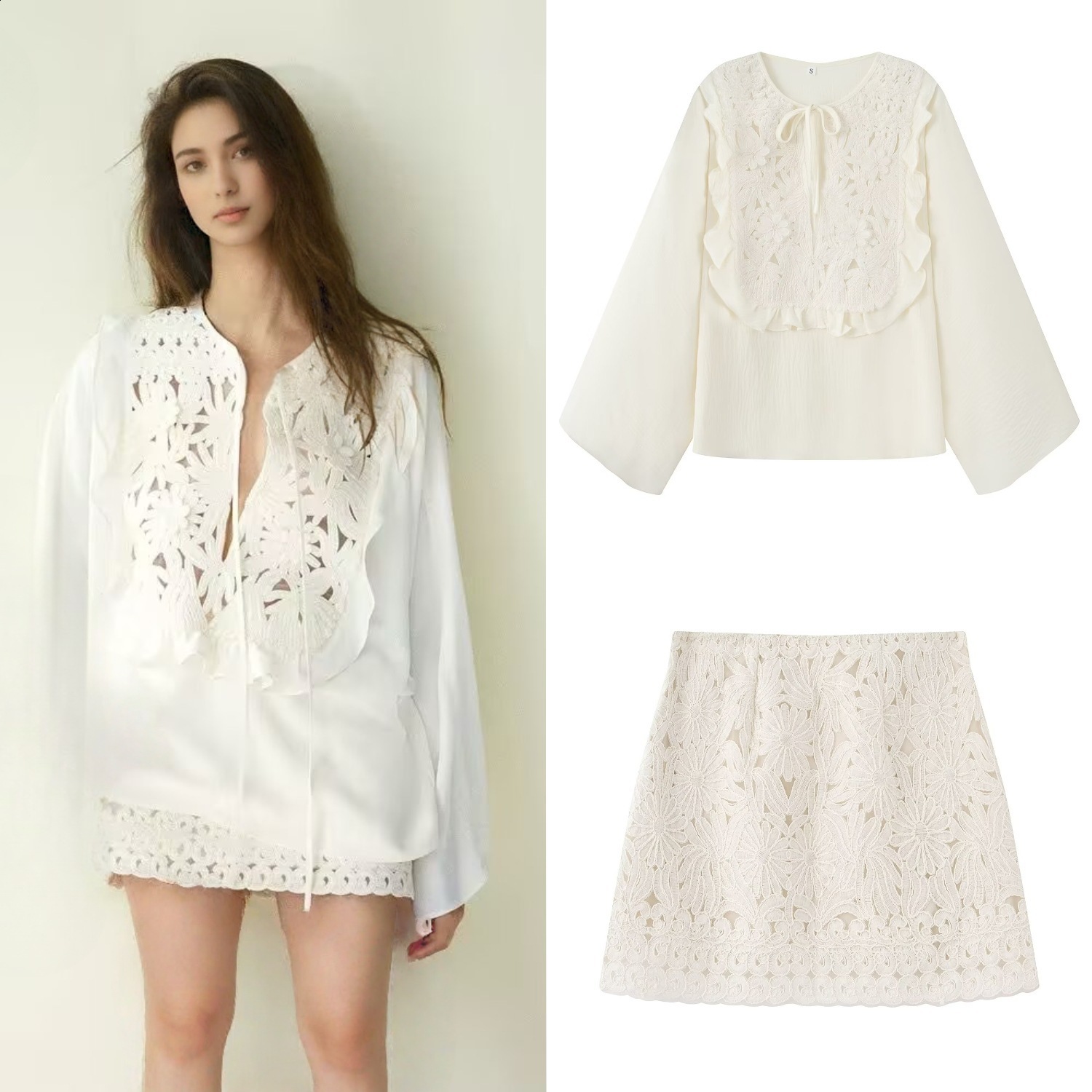 Elegant Retro Hollow Out Lace Up Mini Skirt Set Women Chic High Waist Flare Ruffle Oneck Top 2 Piece Suit Holiday Street Outfit 250818