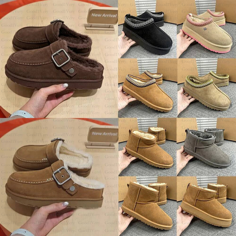 With Box Designer Tazz Tasman Women Retro Suede Mule Winter Warm Thick Fur Lining Adjustable Metal Buckle Slip On Outdoor Slippers