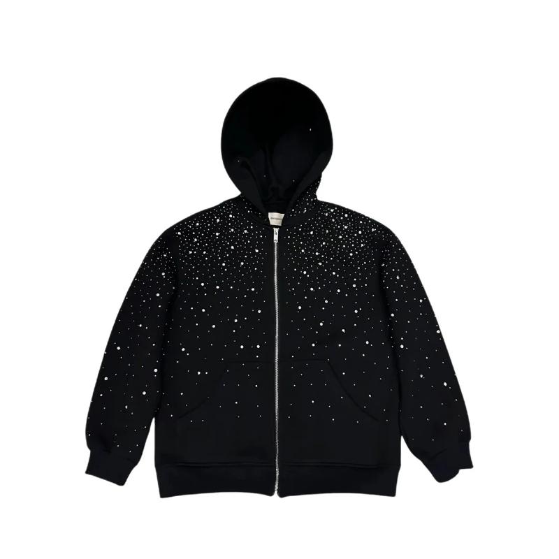 High Street – sweat à capuche avec strass étoilés, noir dégradé dispersé, épaules tombantes, ample, unisexe, automne