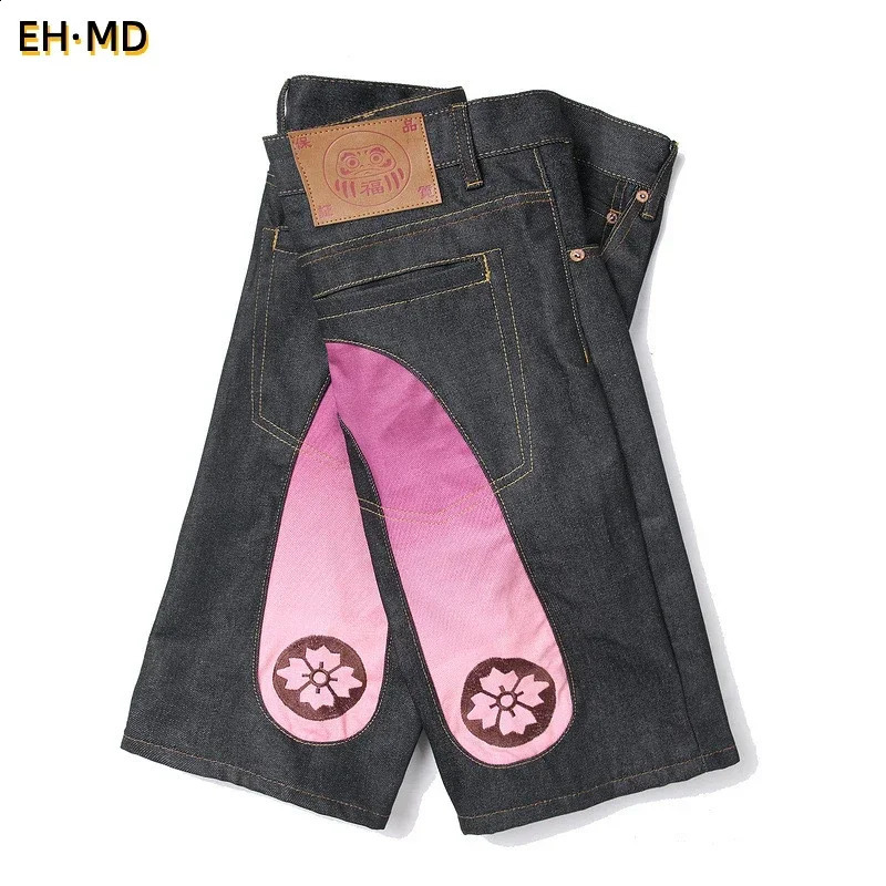 Men Embroidery Denim Shorts Black Hiphop Jeans Pants Cherry Blossom Dragon Totem Washed Zipper Cotton Summer cherry blossoms 024 260914