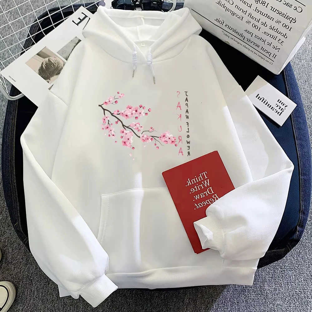 Japanese Blossom Sakura 2025 Kangaroo Pocket Hoodies Female Casual sleeve Sweatshirt with Pocket Women Winter Pullovers D260915