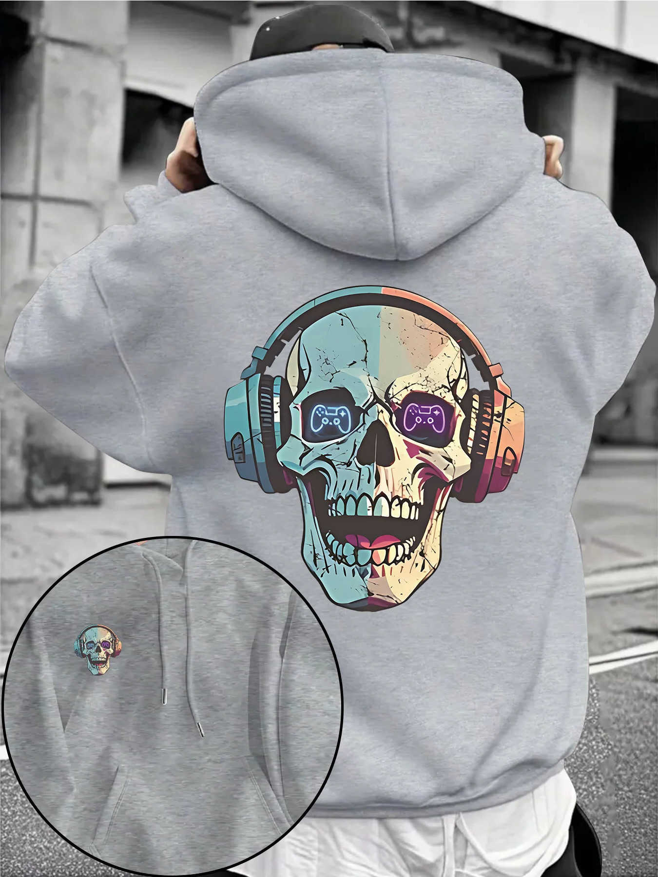Game Y2K Streetwear Skull Headphone Graphic Hoodie Men Autumn Winter BackChest Dualprint Hip Hop Loose Fit Sweatshirt D260915