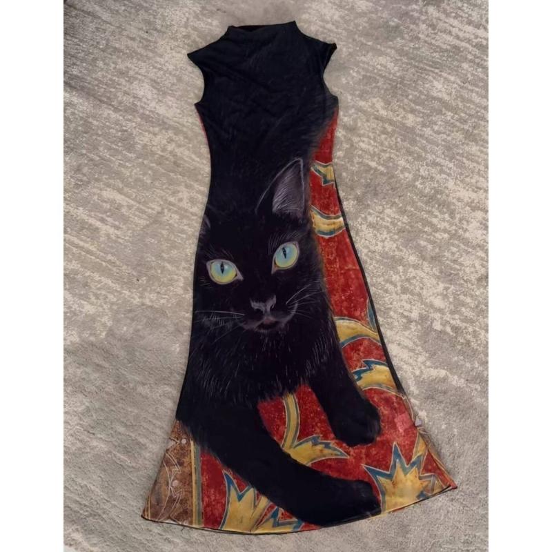 Robe sirène en maille imprimé chat noir Y2K, sans manches, col montant, Vintage, Style chinois, mi-longue, moulante, robe de soirée