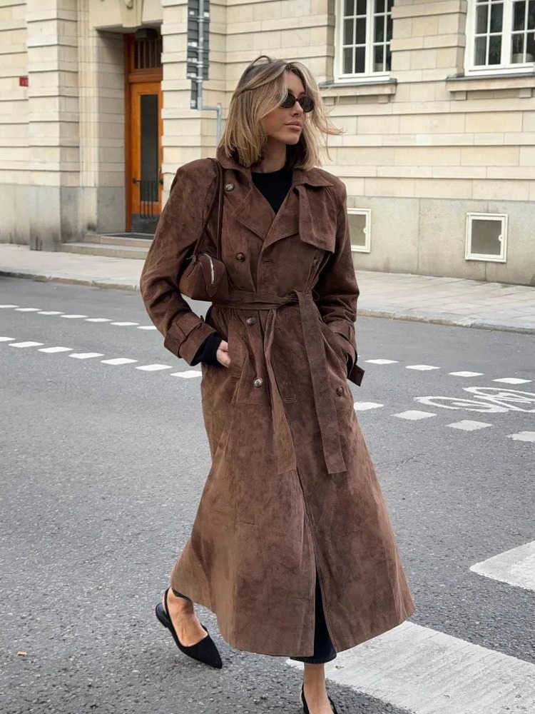 with Suede lapel double chest split style coat autumn womens long jacket strt top S260915OV7W