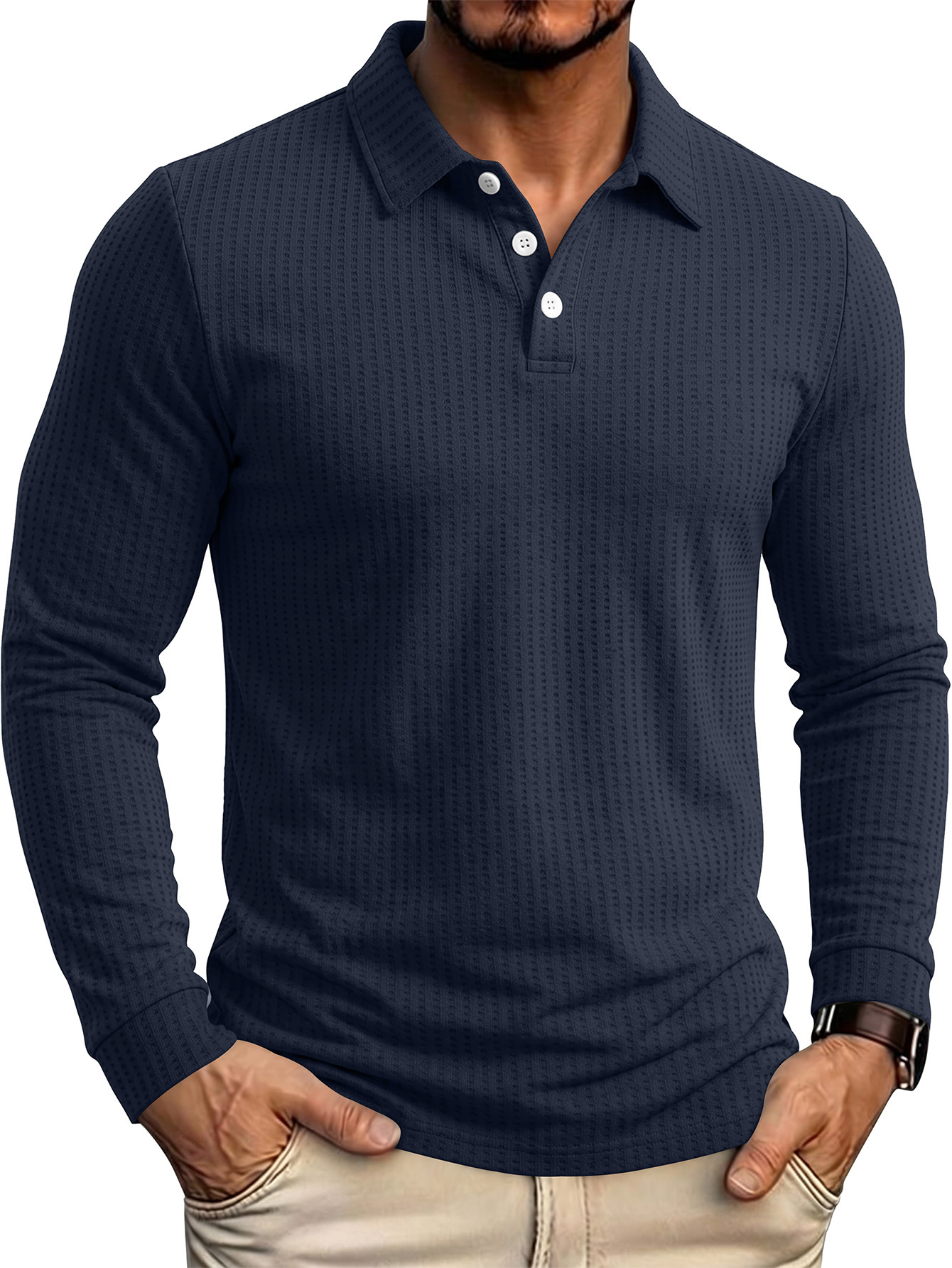 Designer 2026 Autumn/Winter Men's Waffle Knit Long Sleeve Polo Shirt European and American Style Pullover Turn Down Collar Plus Size Top ae