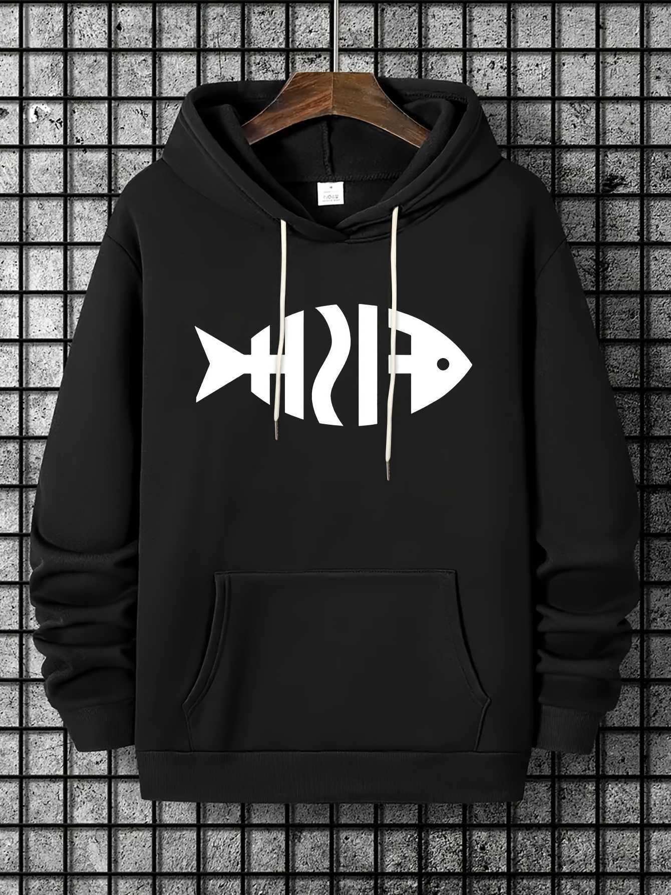 men's creative fish-shapedletterprinthoodedsweatshirt forautumnand New wintercasual long-sleevedsimple street style hooded shirt D260915