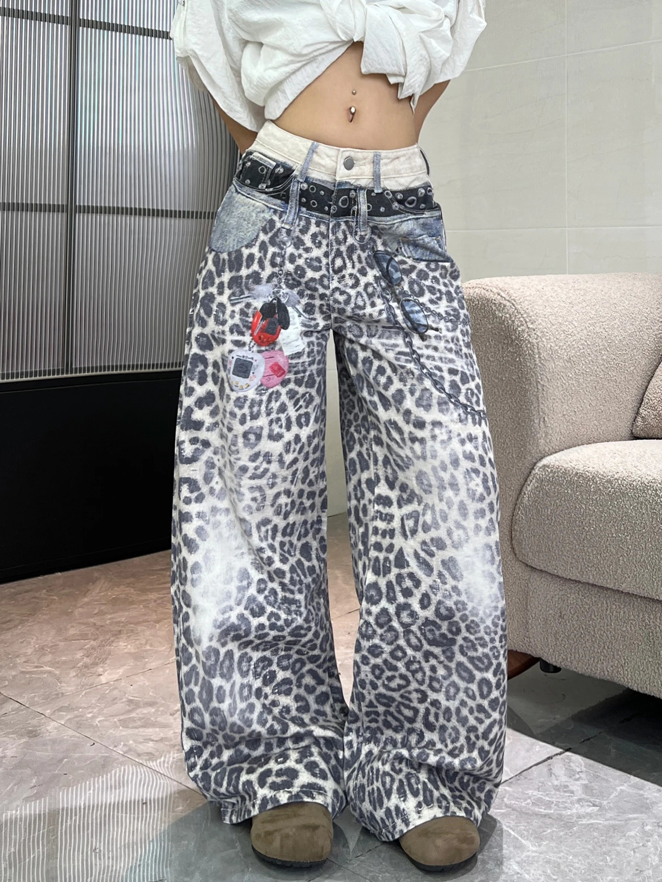 1 Pc American Retro Double Waist n Leopard Print Loose Jeans Street HipHop Trendy Versatile Trousers For Women 260914
