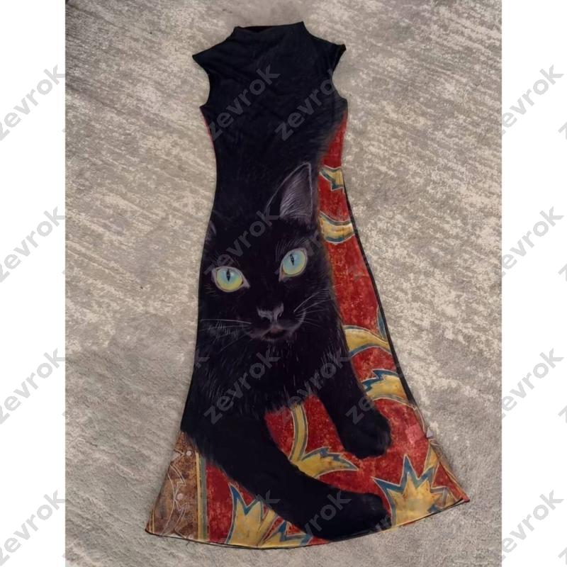 Robe sirène en maille imprimé chat noir Y2K, sans manches, col montant, Vintage, Style chinois, mi-longue, moulante, robe de soirée
