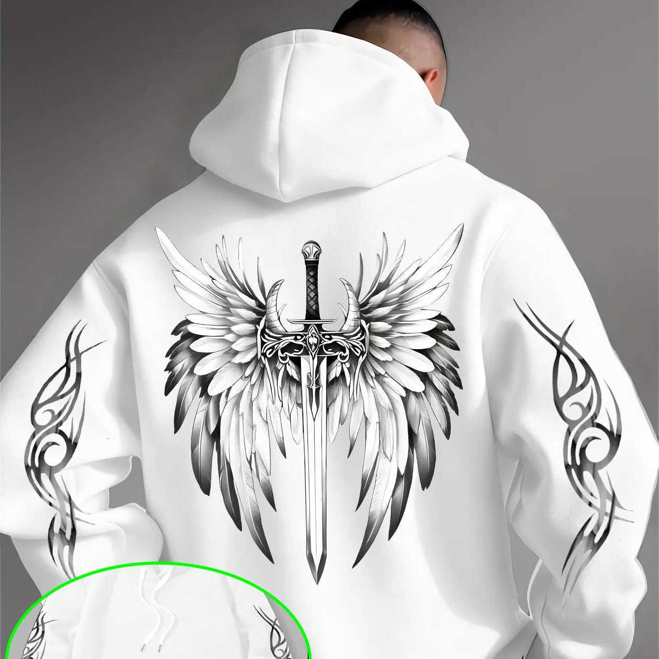 with Men's Gothic hooded sweater wing-shaped tribal tattoo pattern and back print. Pullover hoodie for streetwear. D260915