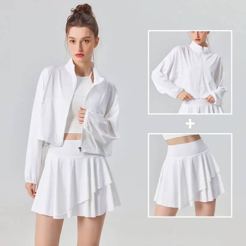 Sun Protection Women's Tennis Golf Sports Outdoor Workout Long Sleeve Jacket and Pleated Skirt 2 Piece Set 26Y0915