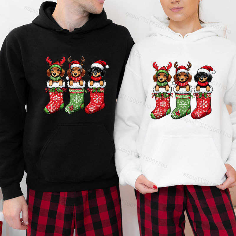 Graphic Christmas Dachshund Hoodies Dog for Women Men Xmas Stocking Santa Hat Print Pullovers Sweatshirts Holiday Party Gifts D260915