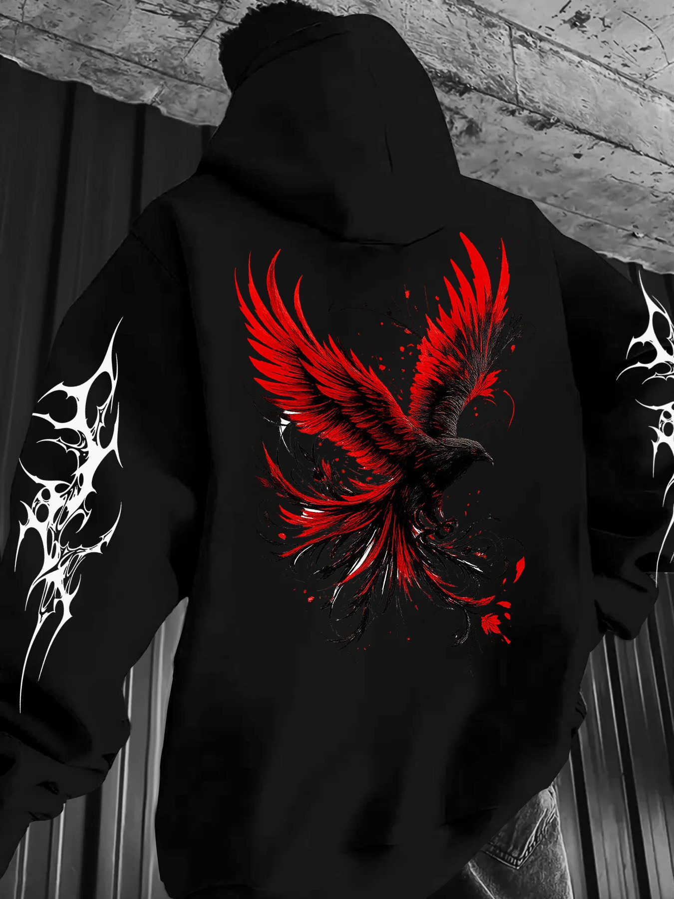 Graphic Men Phoenix Red Black Hoodie Thorn Totem sleeve Back MultiPrint Hooded Sweatshirt Autumn Winter Loose Hoodie D260915