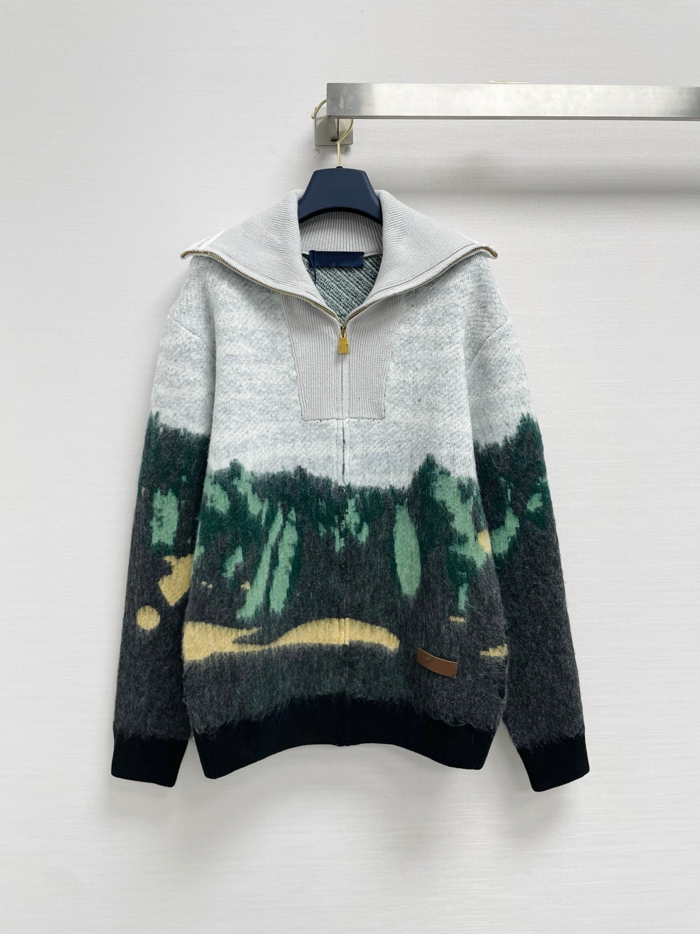 High-quality unisex oversized knit sweater with large collar, half-zip closure, vintage style, and a fashionable landscape oil painting jacquard pat