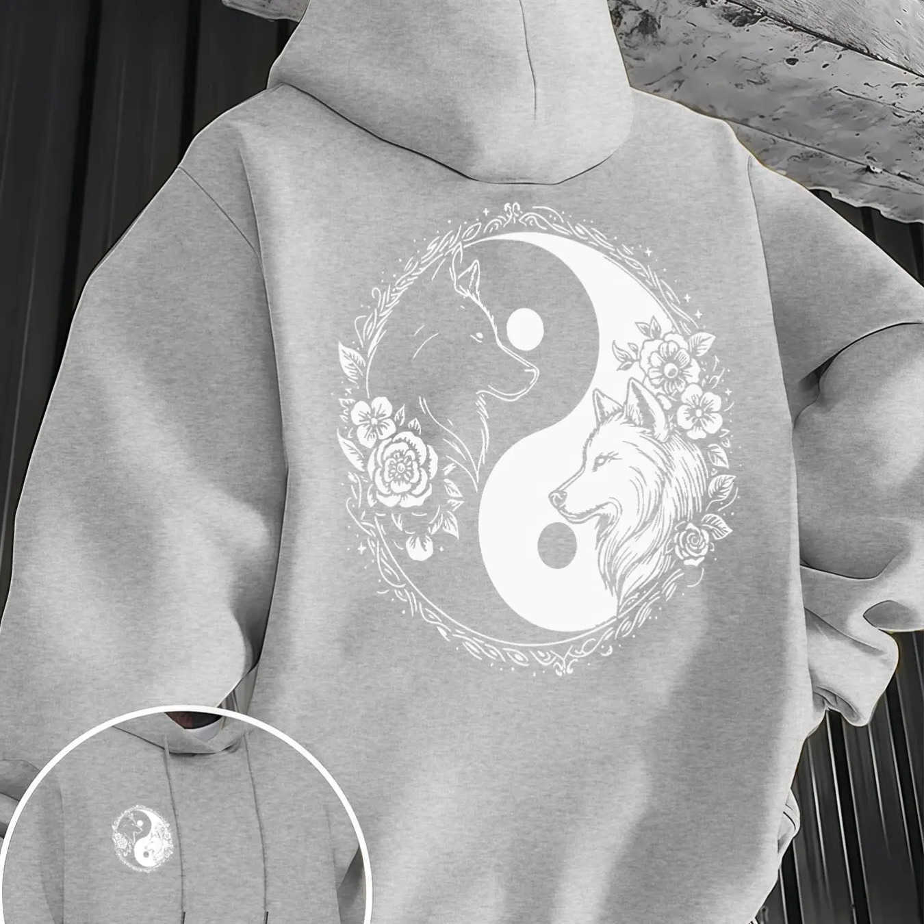 Wolf Hoodie Yin Yang Men's Twin Wolf Graphic Floral Print Back Chest Design Oversized Sweatshirt Oriental Streetwear D260915