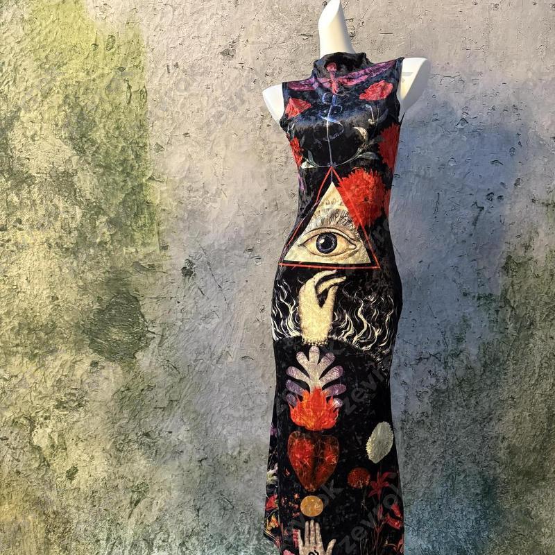 Y2K – robe moulante sans manches, Style chinois, imprimé œil de dieu, taille basse, mi-longue, coupe cintrée, Club de fête, Streetwear pour femme