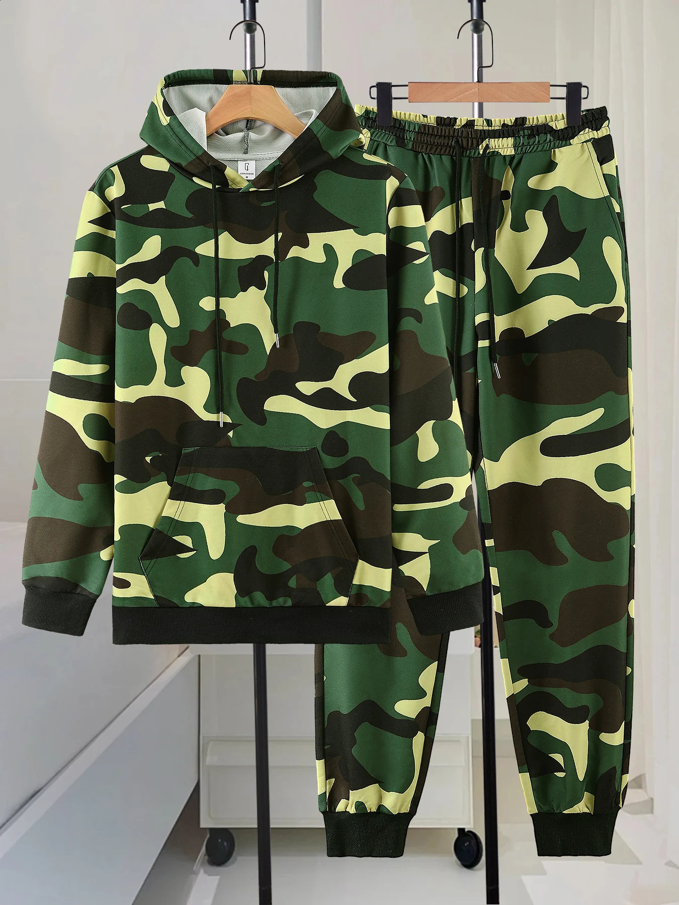 Military Style Camo Casual Set Men Spring Fall Hooded Sweatshirt Matching Jogger Pants 2 Piece 260914