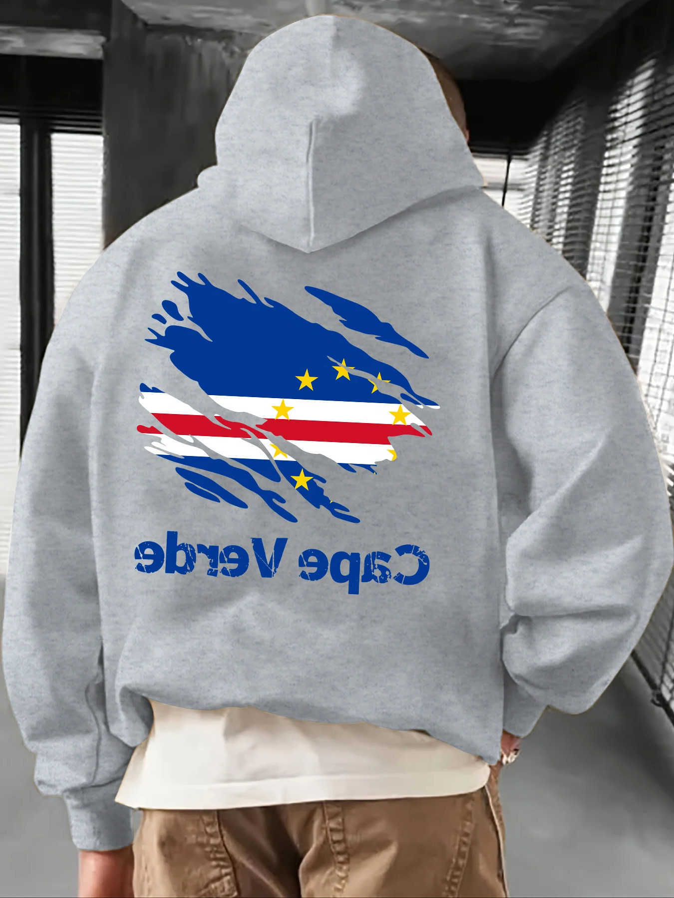 Cape Men Streetwear Verde Hoodie Vintage Torn Brush Flag Typography Back Art Print Loose Pullover For Autumn Winter D260915