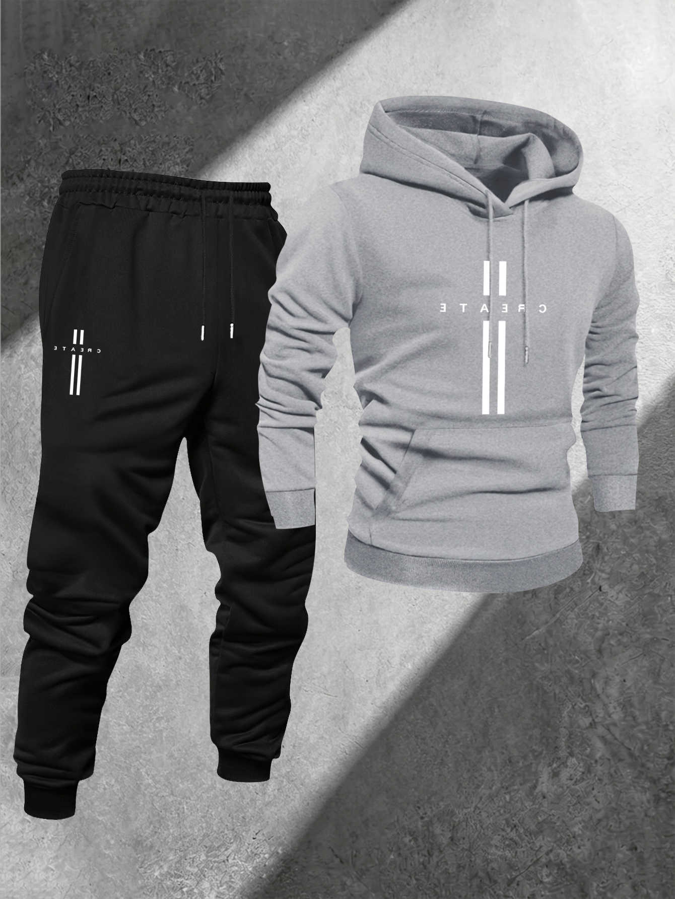 Letter Create Men Vertical Minimal Stripe Print 2Piece Tracksuit Hoodie Jogger Pants Set Casual Streetwear Male Sport Sweat D260915