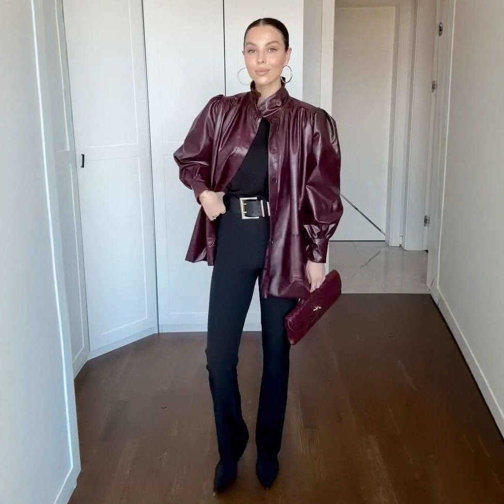 European 2025 autumn and winter leather for women slim-fit high-neck biker style with pockets jacket S260915F0D1
