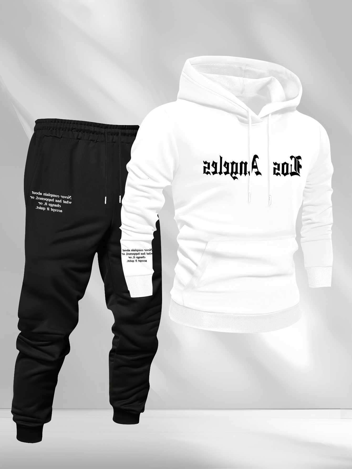 Angeles 2026 Men Gothic Los Slogan Text 2Piece Tracksuit Hoodie Jogger Pants Set Casual Streetwear Male Sport Sweat Outfit D260915