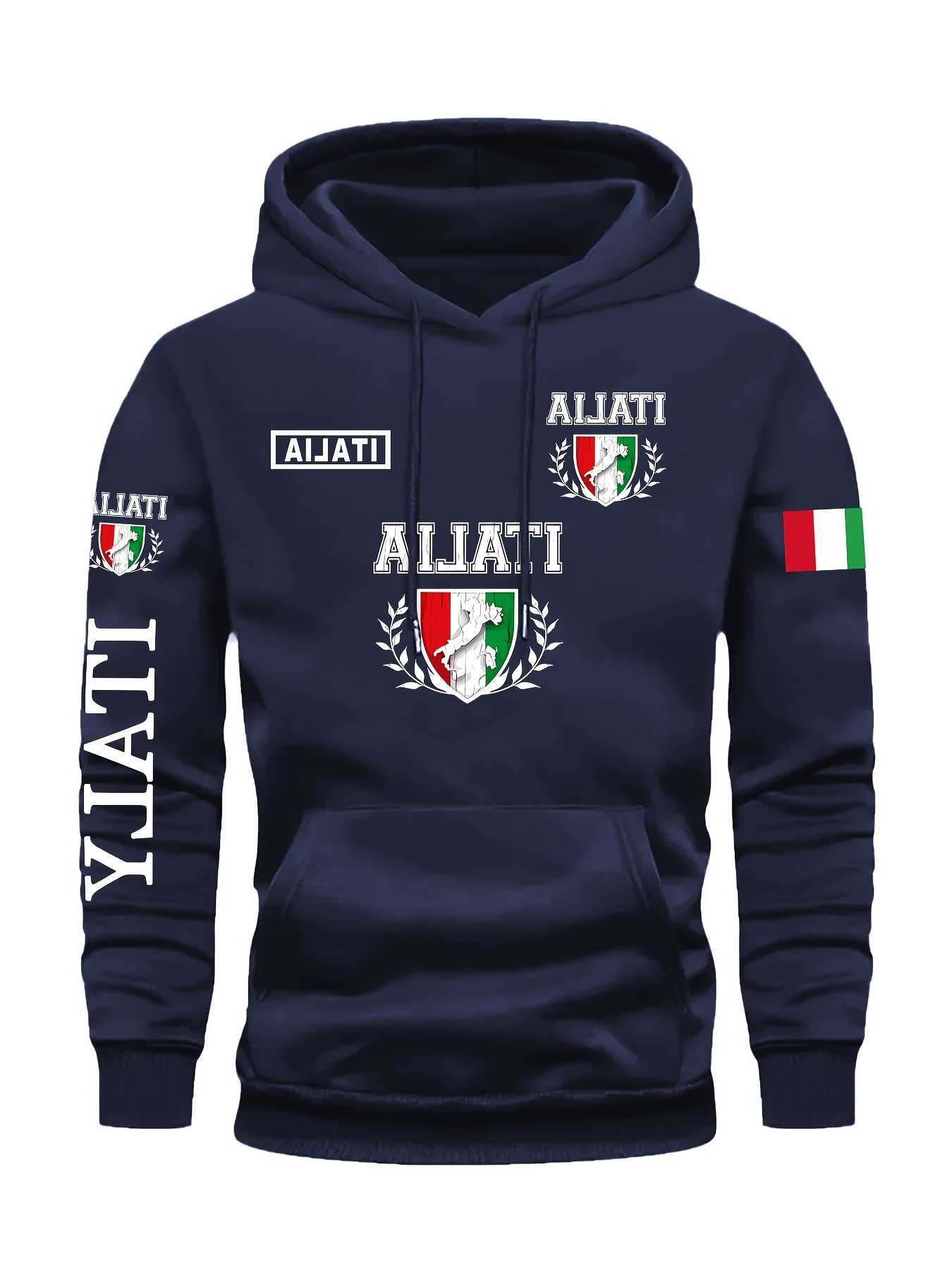 Men's Italy Print Pullover 2026 Front Pocket Machine Washable Autumn Winter Comfort Fit Italy Sweatshirt Comfortable Knit Fabric D260915