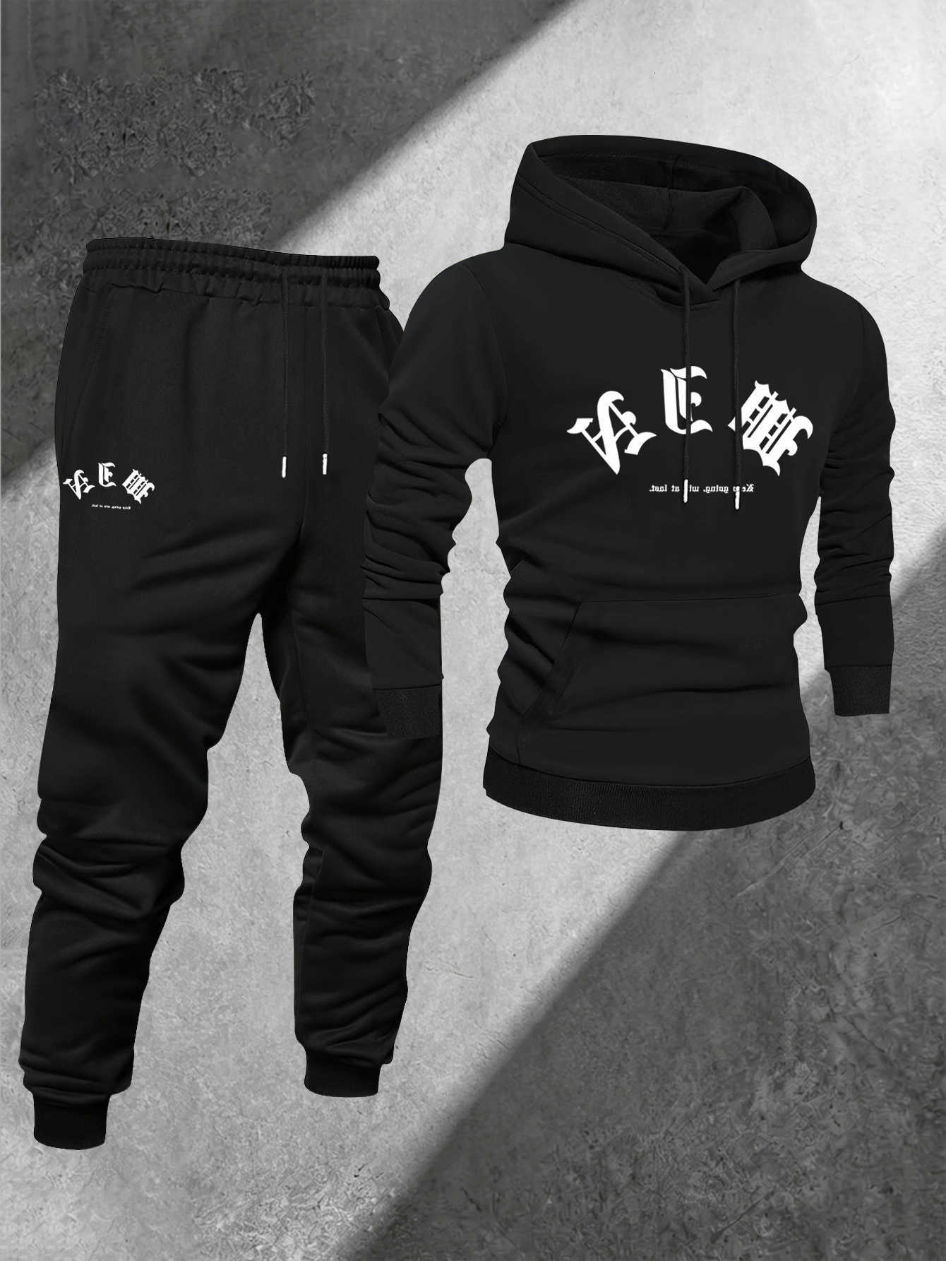 Gothic 2026 Letter Men Print 2Piece Tracksuit Hoodie Jogger Pants Set Vintage Font Male Casual Street Sweat Outfit D260915