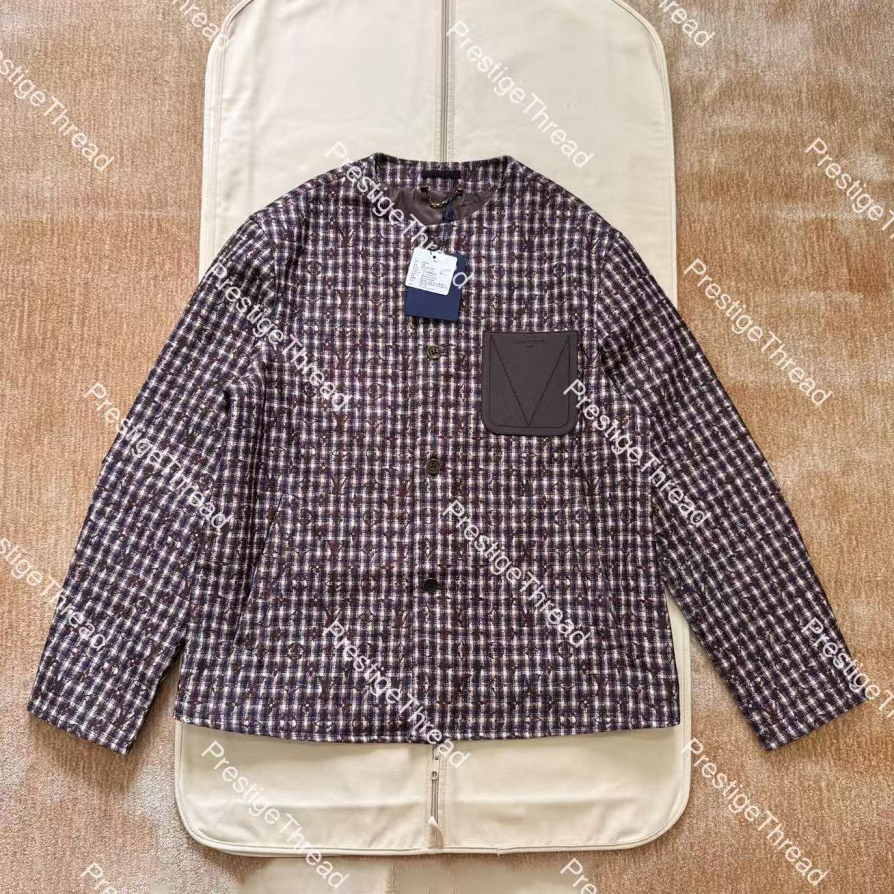 26ss Men's Jackets Designer Tweed Plaid Letter Print Cardigan Jacket with Leather Pockets