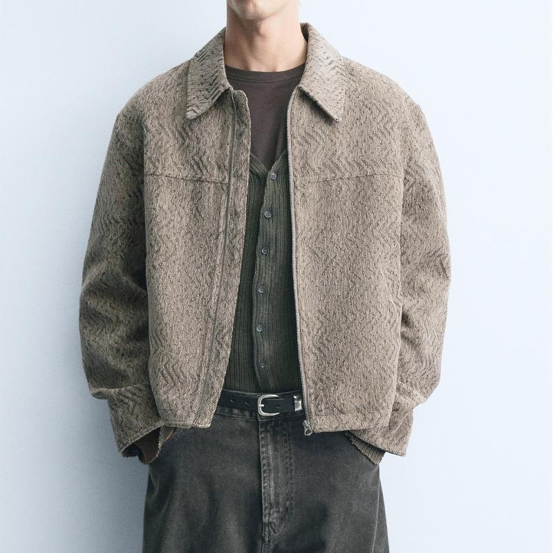 Veste courte en Jacquard Vintage pour hommes, motif de flèche géométrique, col à pointe, fermeture éclair complète, manches longues, Streetwear,
