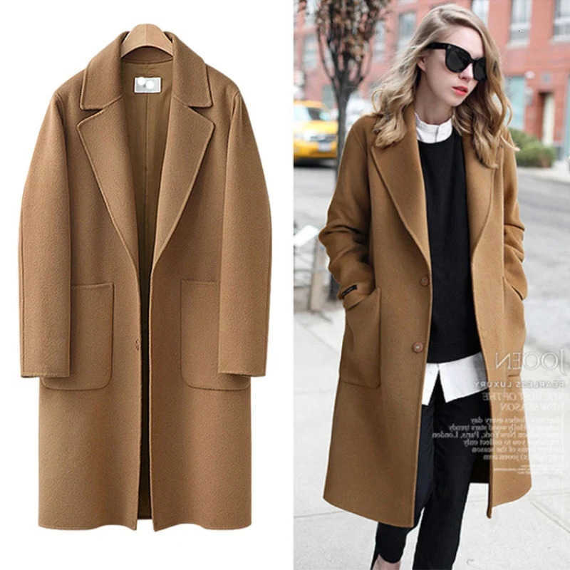 Loose Femme Midlength Wool Coat Women Warm Camel Outerwear Autumn Winter Big pocket Jacket Female S260915N7SO