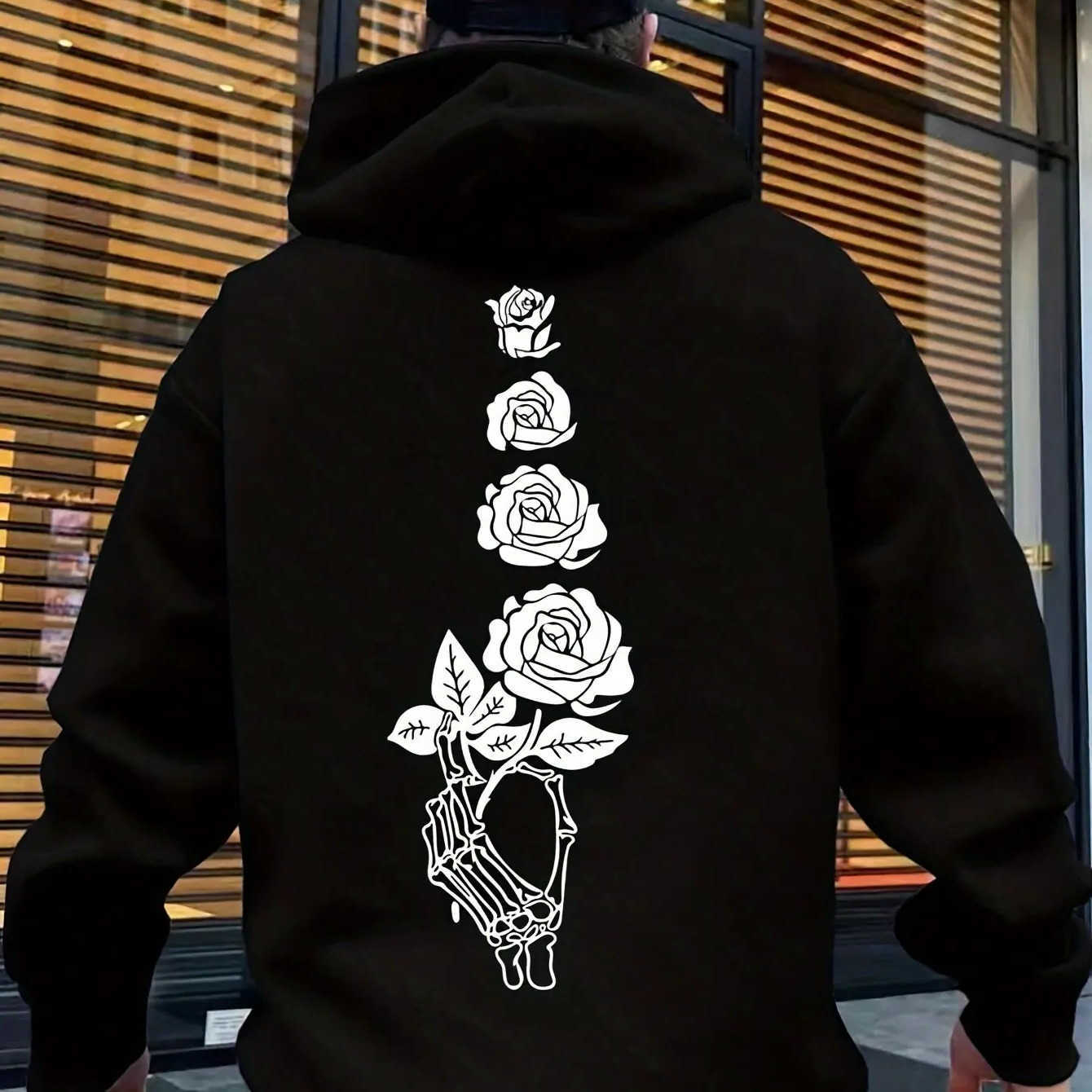 Print Hoodie with Pockets Men'S Featuring a Skull Hand Holding a Rose Design Loose-Fitting Suitable for Autumn And Winter D260915