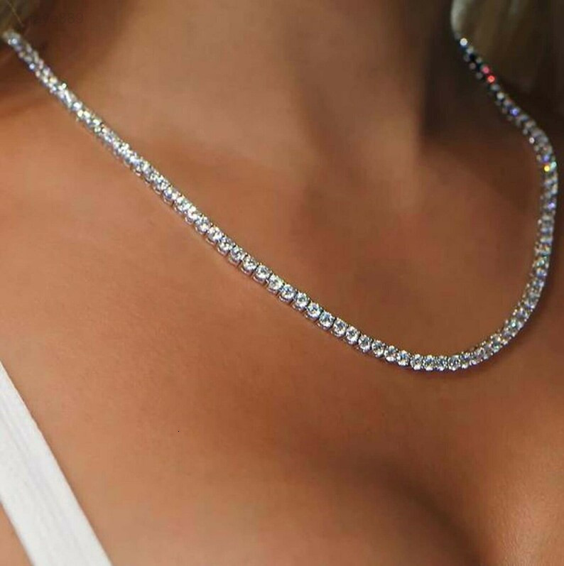 Trendy 3 MM Colorless Round Cut Moissanite Engagement Wedding Tennis Necklace 10K White Gold Rhodium Plated VVS Clarity