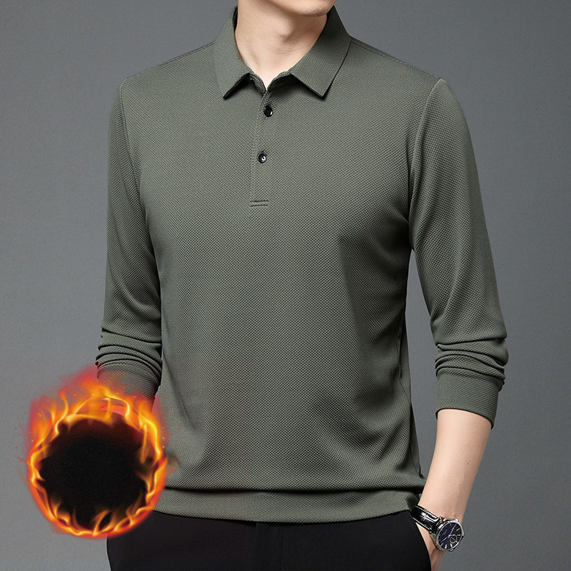 Designer Fleece Lined Thickened New Casual Business Executive Style Polo Premium Men's Solid Color Turn Down Collar Base Shirt 62