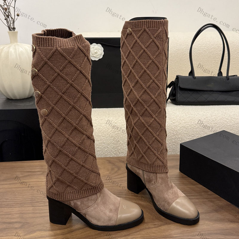 shoe heel boot Designer Luxury knee high winter leather block platform tall womens white quilted sock classic comfort genuine real quality fashion b