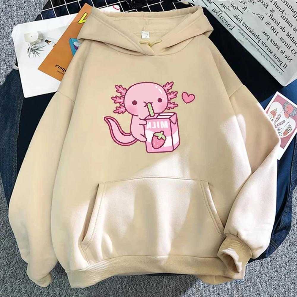 Anime Axolotl Loves Strawberry 2025 Milk Doodle Hoodie Kawaii Hoodies Winter Women Spring_Autumn Unisex Harajuku Sweatshirt D260915