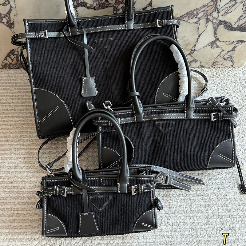 Three size Black corduroy tote designer bag leather trim belt buckle handbag women high quality triangle bonnierada shoulder bags autumn new crossbo