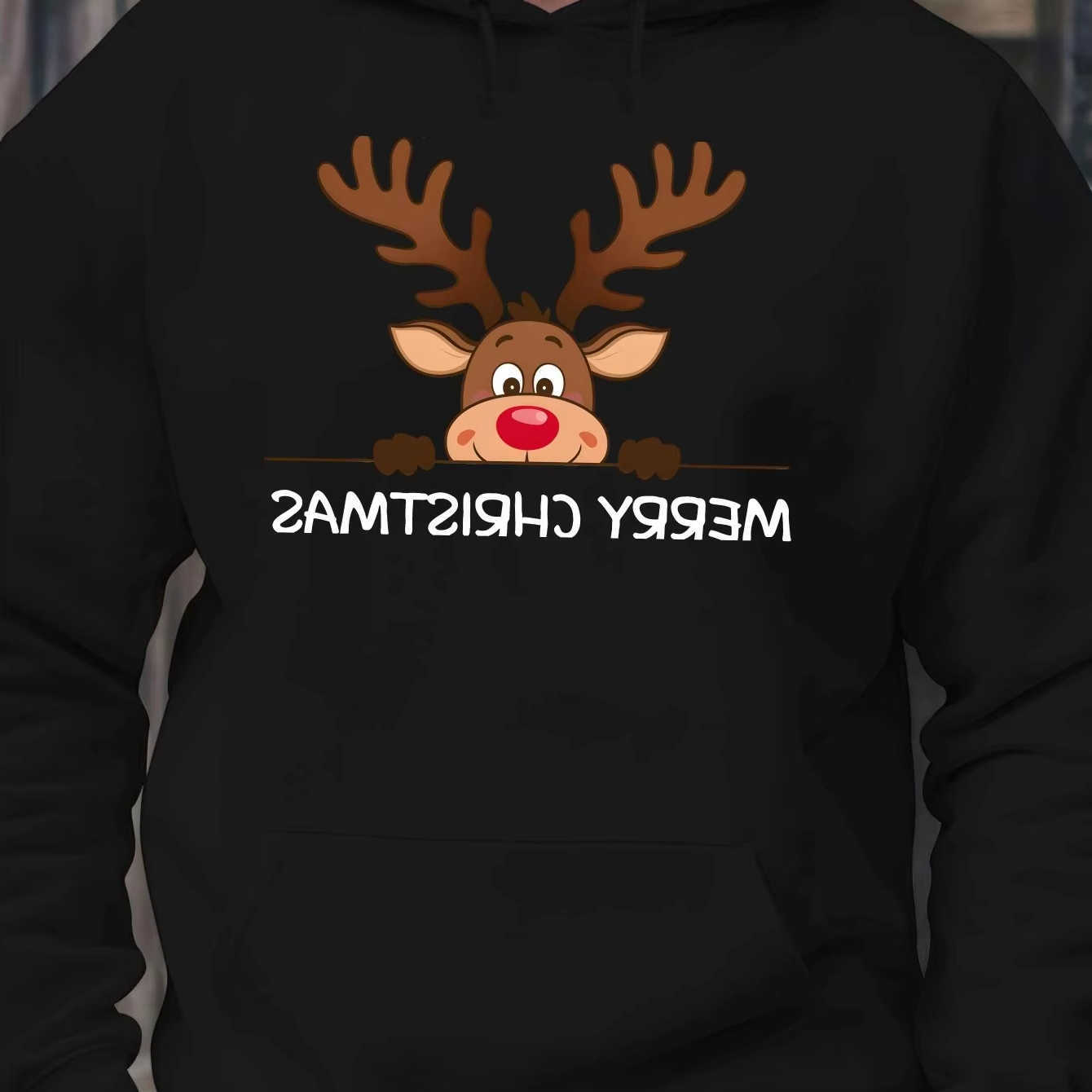 Men's Christmas Reindeer Print 2026 Hoodie Casual Long-sleeved Winter Pullover Standard Size Slight Stretch Men's Holiday Gift D260915