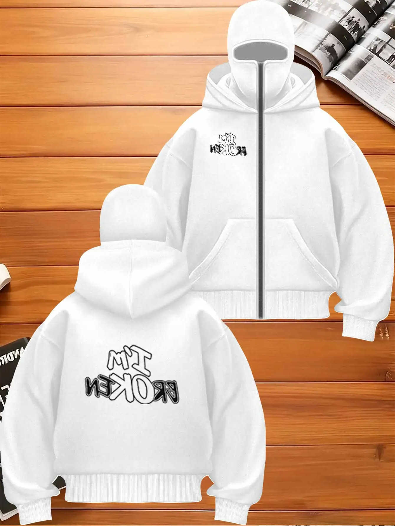 autumn and 2026 new winter hooded hood mask men's and women's hoodie creative I'm broken I'm ok English printed trendy fashion D