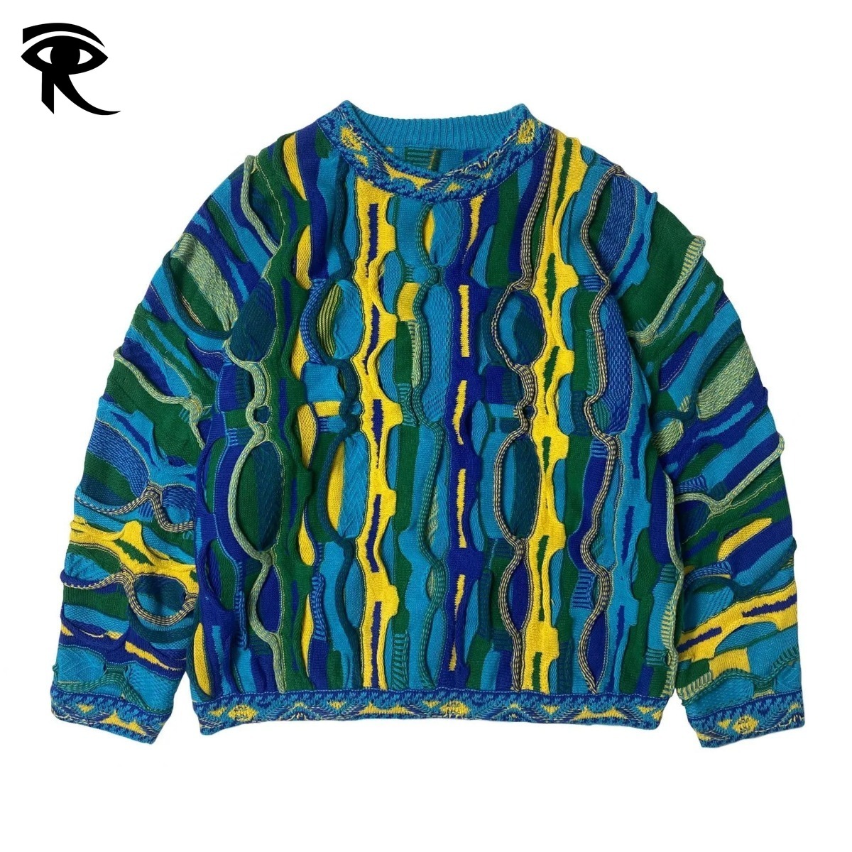 Kapital Bitter Melon Unisex Vintage 90S Coogi Style Textured Crewneck Sweater Colorful Knit Pullover Streetwear Retro Colorful Abstract Print Sweate