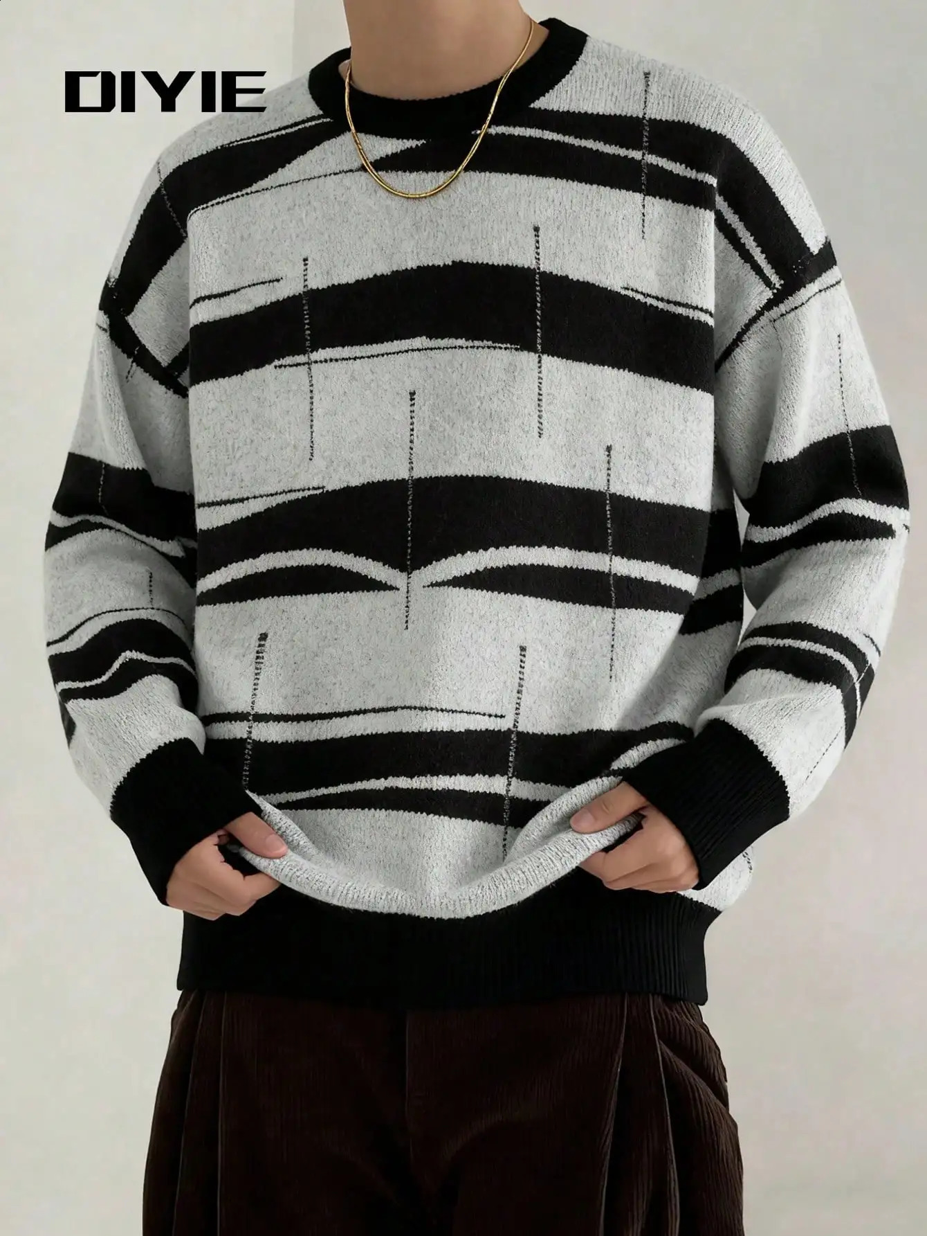 Striped patternColorBlocked Brushed Texture Relaxed Vibe HighStreet Sophistication Vintage Knit Crewneck Mens Sweater 260914