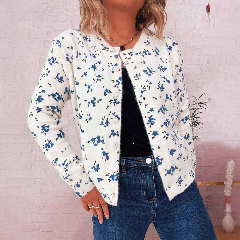 and Autumn Winter New Simple Floral Print Knitted Commuter Round Neck Long Jacket for Women S260915IHPE