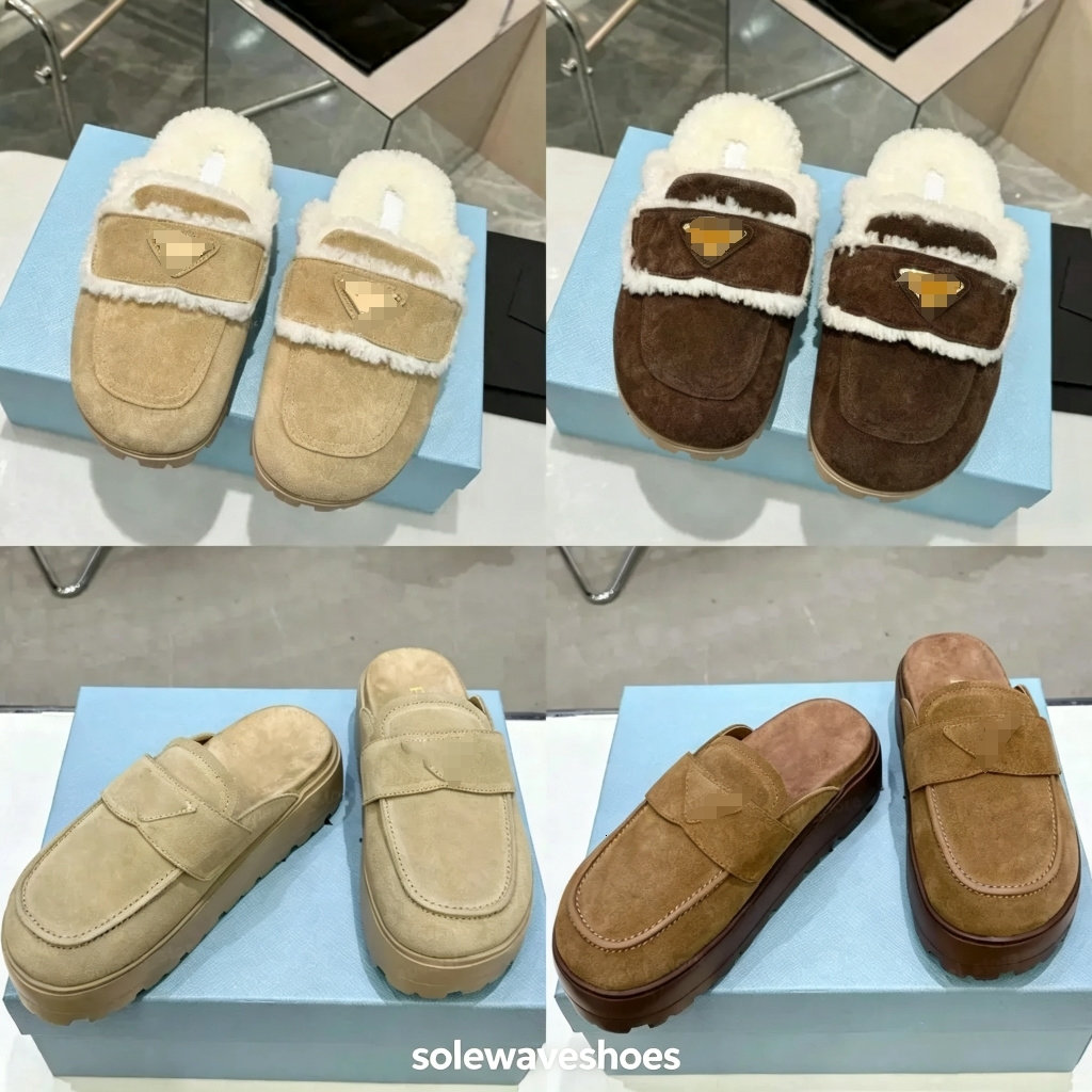 designer women slippers sandal flat comfort clog suede slipper fur leather platform mule fashion shearling luxury falt slides 2026 P brand35-42