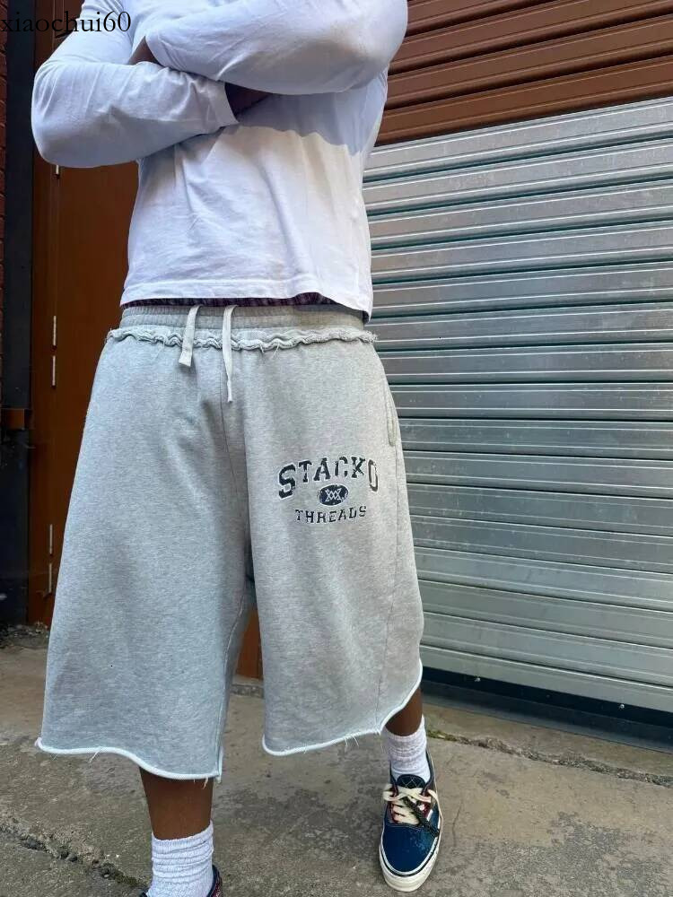 Streetwear Retro Pilot Sweatshorts Grey Crest Graphic Woven Label Frayed Long Y2K Swag Hip Hop Terry Unisex Baggy Shorts 26Y0728