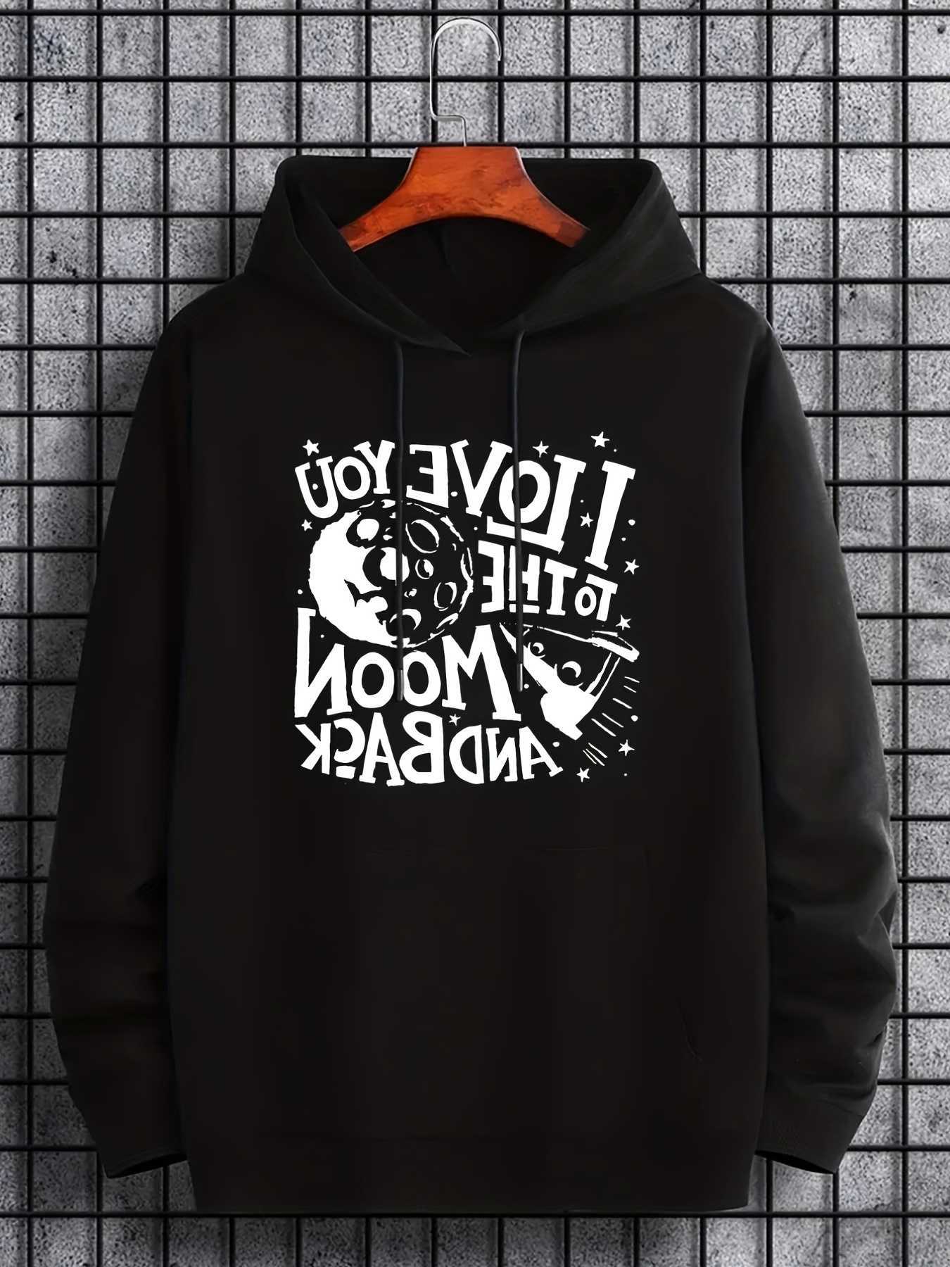 Romantic Slogan Hoodie I Mens Love You To The Moon And Back Moon Star Front Print Longsleeve Pullover Hooded Sweatshirt Casual Daily Tops D260915
